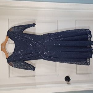 Navy Sequin Fit & Flare Cocktail Party Dress 3/4 Sleeve Mesh Overlay Flowy